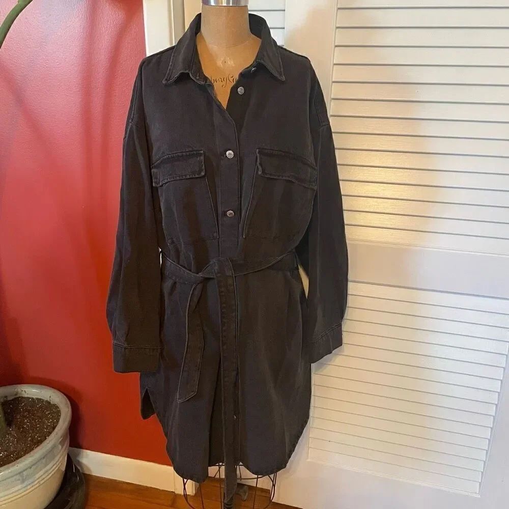 H&M DENIM | black belted denim oversized button down dress L